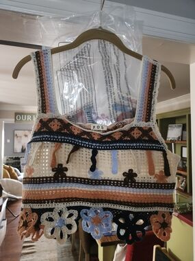 POL Multicolor Crochet Crop Tank with Striped Trim